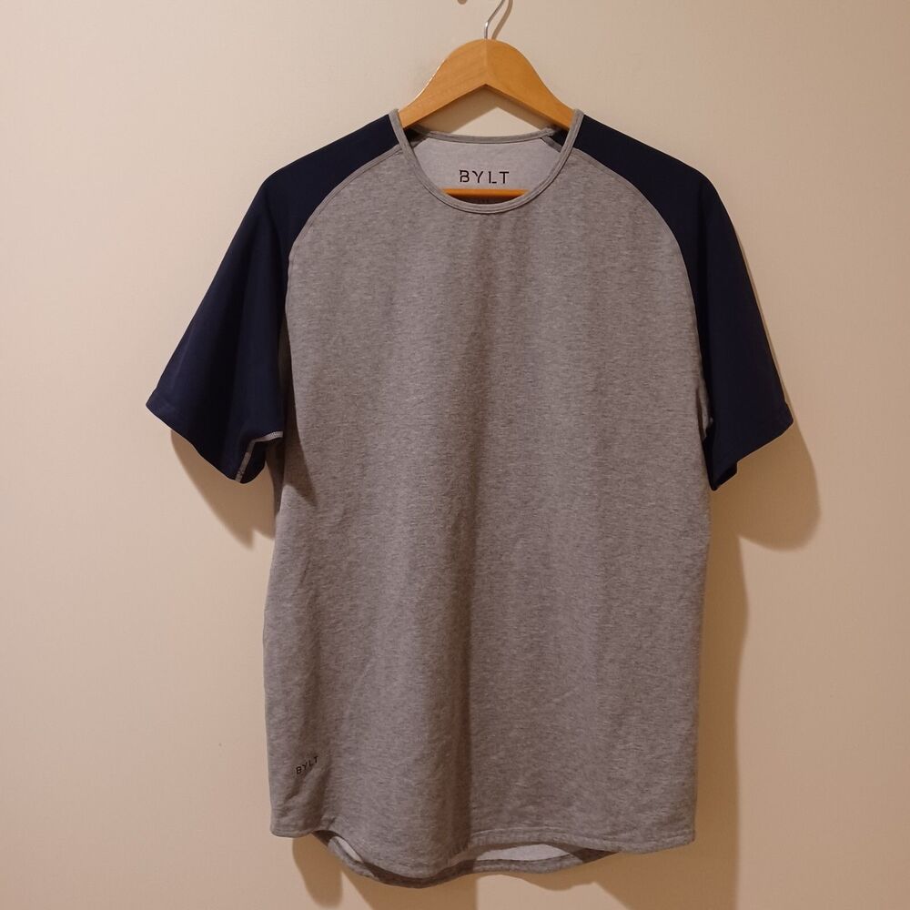BYLT Basics Drop Cut Lux T-Shirt Short Sleeve Crew Baseball Top Gray/Navy L